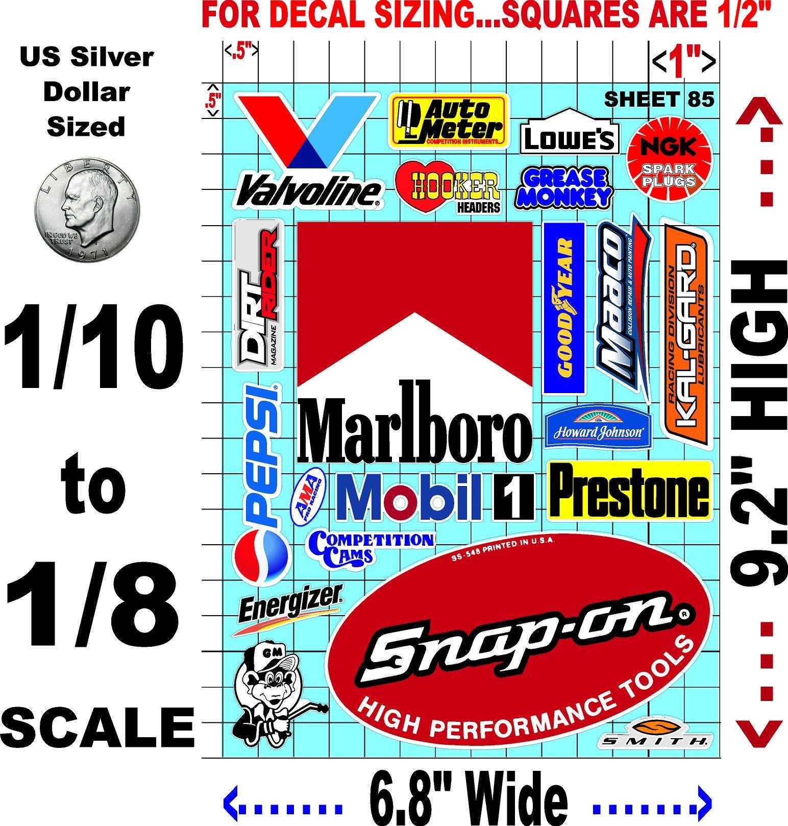 Clear Matte Finish Vinyl Sticker Variety Sheet 85-1/10th - 1/8th Scale Large 6.8" x 9.2"h Vinyl R/C Model Decal Sticker Sheet Radio Control Lexan Body