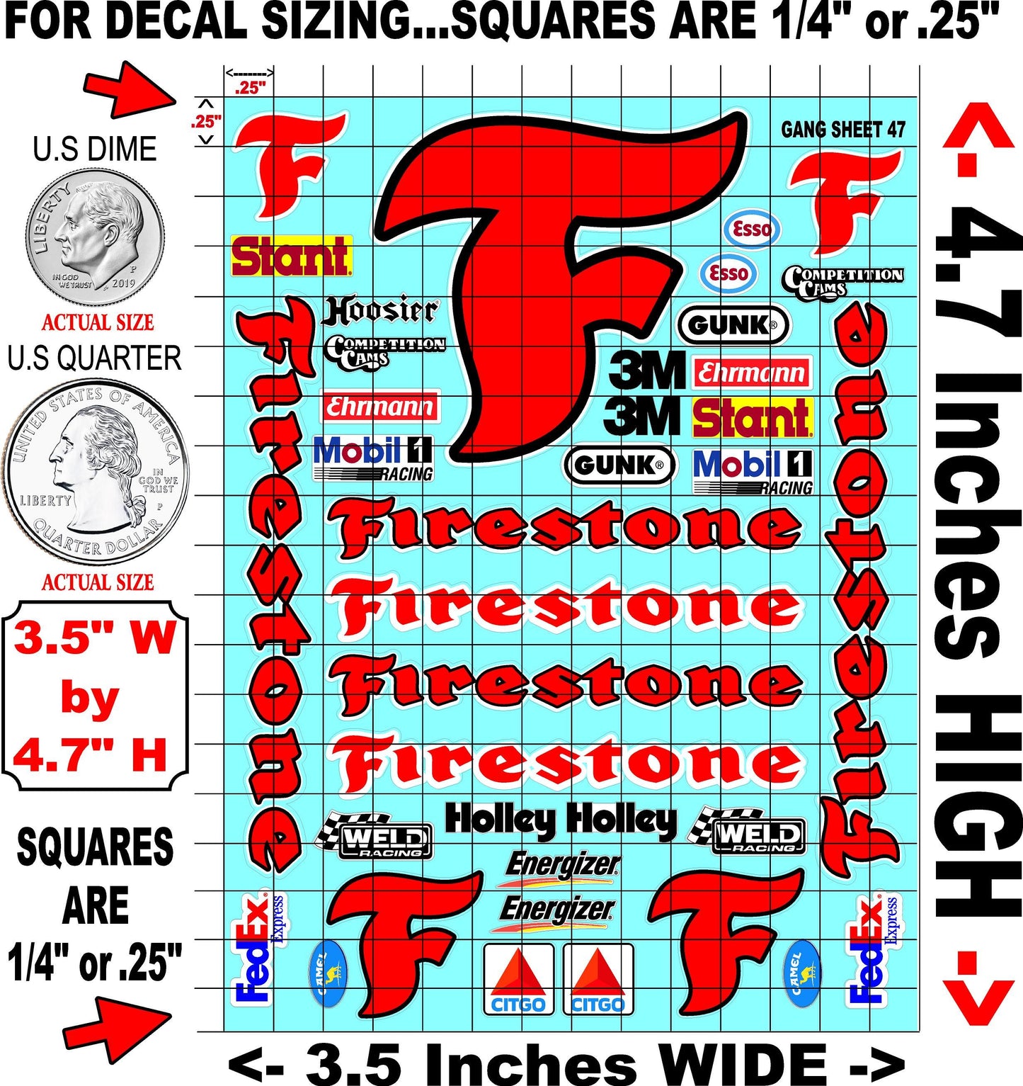 White Vinyl Gloss Firestone Sheet 47 Stockcar Vinyl R/C Racing Sponsor Sticker Small-1/24-1/16th Scale Model Decal Sticker Radio Control Lexan Body-Graphics for R/c Cars, Boats, Trucks Scale Model–Die-Cut