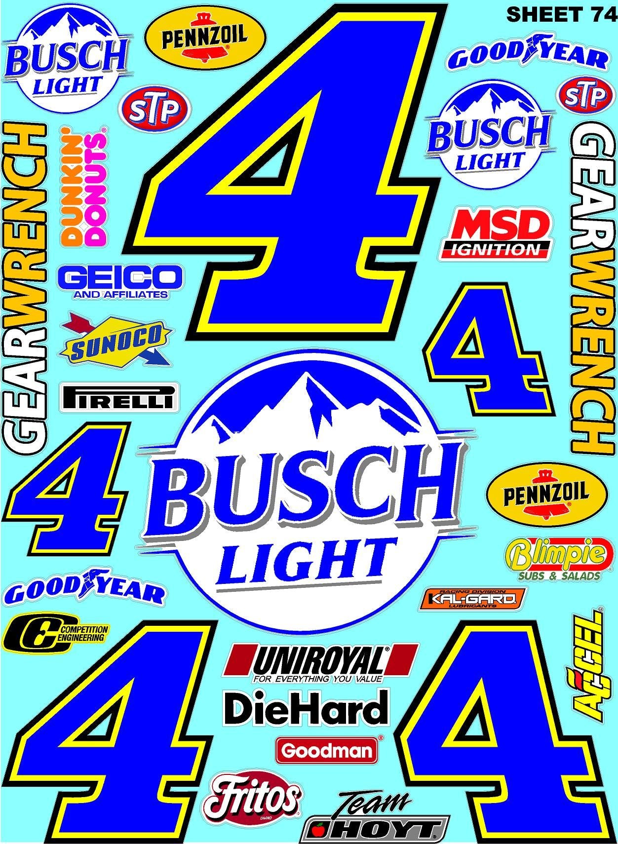 White Vinyl Gloss Kevin Harvick Sheet 74 Stockcar Vinyl R/C Racing Sponsor Sticker Small-1/24-1/16th Scale Model Decal Sticker Radio Control Lexan Body-Graphics for R/c Cars, Boats, Trucks Scale Model–Die-Cut