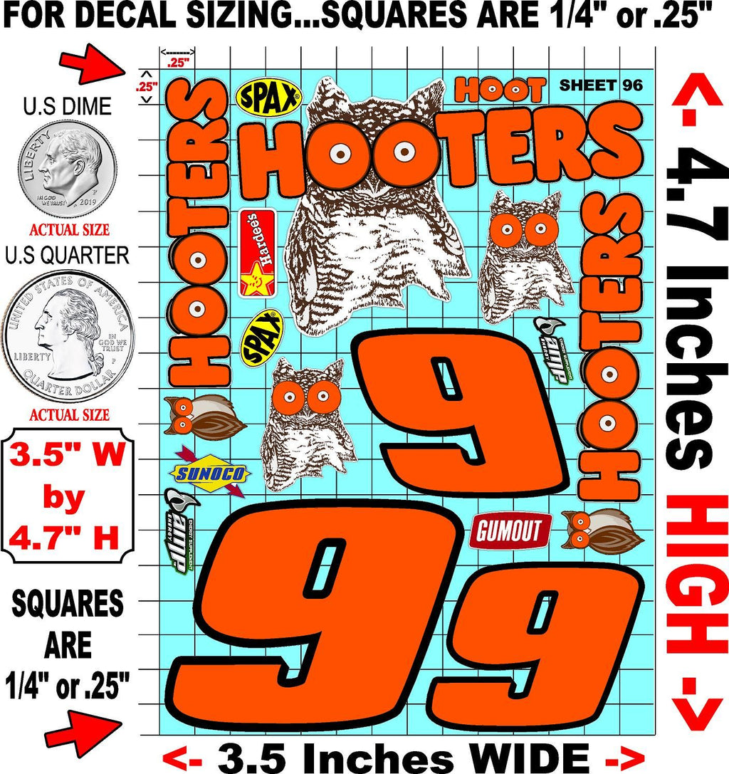 Clear Matte Finish Vinyl Hooters Sheet 96 R/C Stockcar Vinyl R/C Racing Sponsor Sticker Small-1/24-1/16th Scale Model Decal Sticker Radio Control Lexan Body-Graphics for R/c Cars, Boats, Trucks Scale Model–Die-Cut