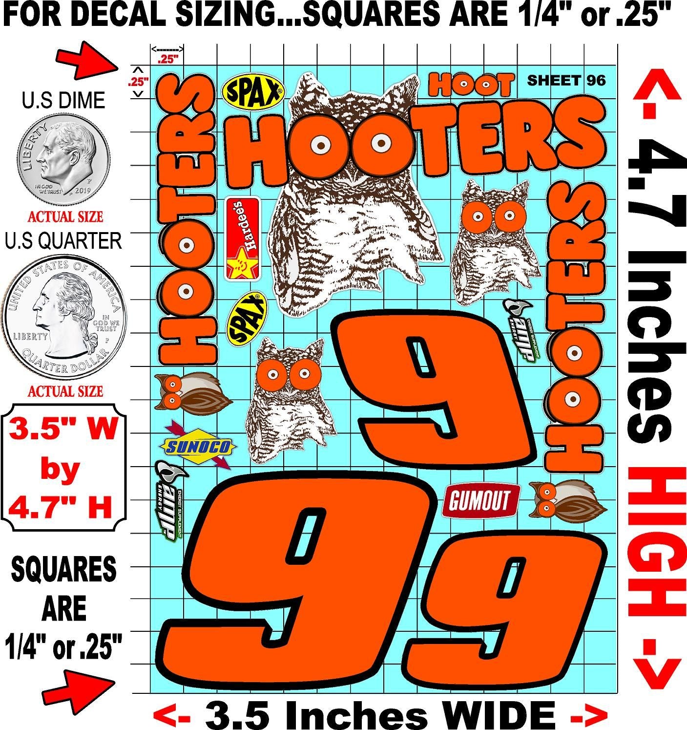 Clear Matte Finish Vinyl Hooters Sheet 96 R/C Stockcar Vinyl R/C Racing Sponsor Sticker Small-1/24-1/16th Scale Model Decal Sticker Radio Control Lexan Body-Graphics for R/c Cars, Boats, Trucks Scale Model–Die-Cut