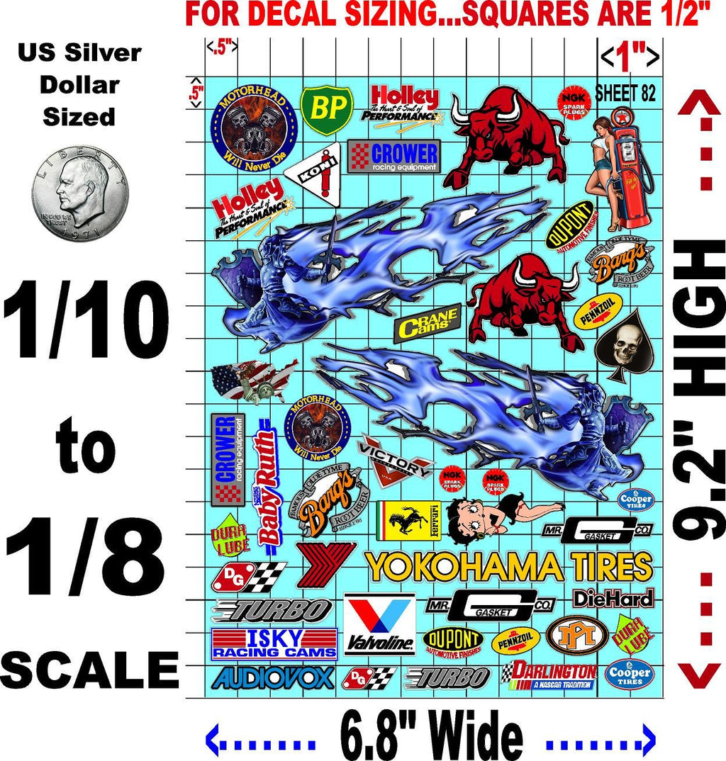 Clear Matte Finish Vinyl Sticker Variety Sheet 82-1/10th - 1/8th Scale Large 6.8" x 9.2"h Vinyl R/C Model Decal Sticker Sheet Radio Control Lexan Body