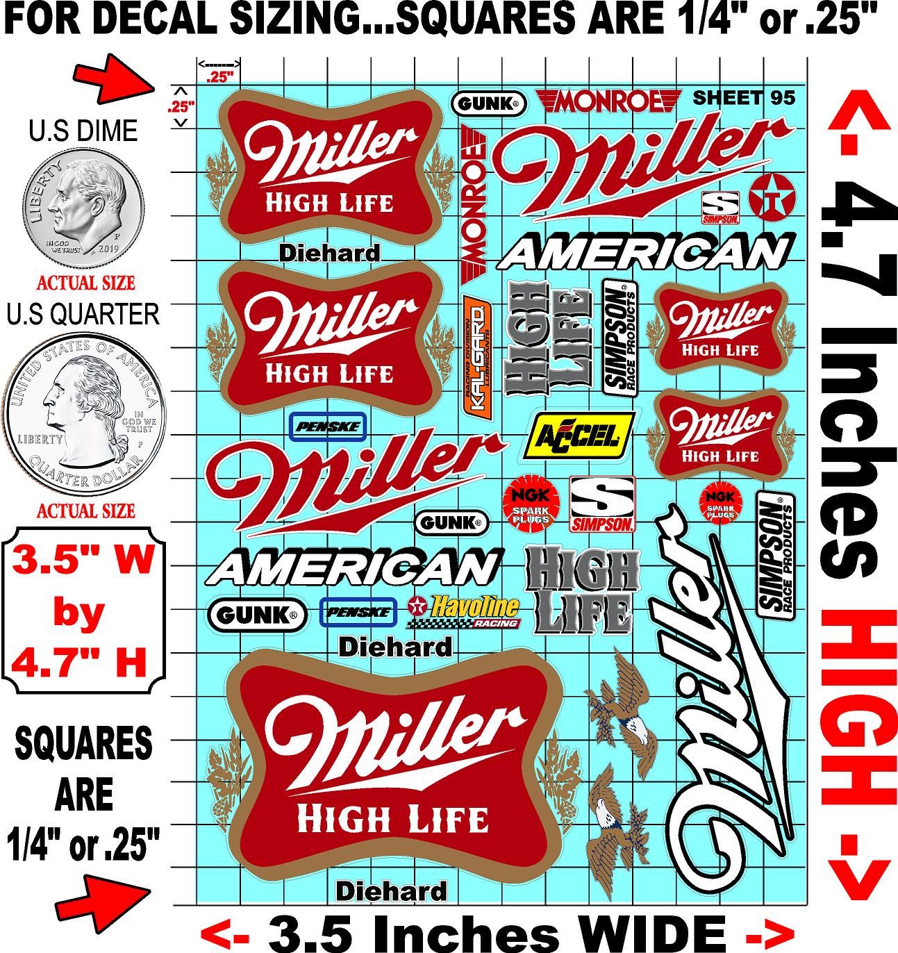 Clear Matte Finish Vinyl Miller Sheet 95 R/C Stockcar Vinyl R/C Racing Sponsor Sticker Small-1/24-1/16th Scale Model Decal Sticker Radio Control Lexan Body-Graphics for R/c Cars, Boats, Trucks Scale Model–Die-Cut