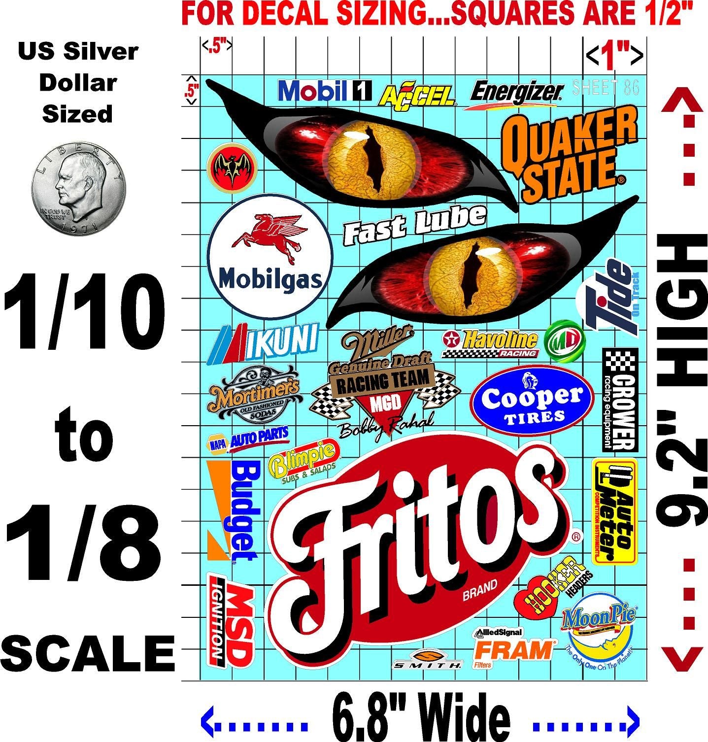 Clear Matte Finish Vinyl Sticker Variety Sheet 86-1/10th - 1/8th Scale Large 6.8" x 9.2"h Vinyl R/C Model Decal Sticker Sheet Radio Control Lexan Body