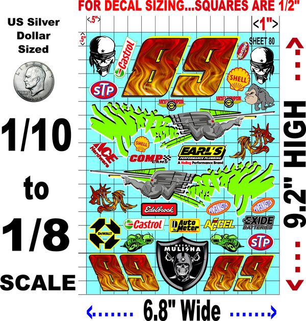 Clear Matte Finish Vinyl Sticker Variety Sheet 80-1/10th - 1/8th Scale Large 6.8" x 9.2"h Vinyl R/C Model Decal Sticker Sheet Radio Control Lexan Body