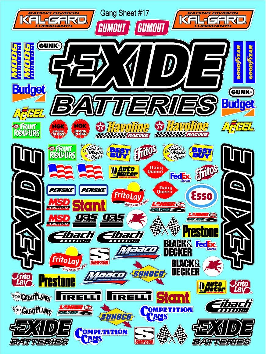 White Vinyl Gloss Exide Sheet 17 Batteries Stockcar Vinyl R/C Racing Sponsor Sticker Small-1/24-1/16th Scale Model Decal Sticker Radio Control Lexan Body-Graphics for R/c Cars, Boats, Trucks Scale Model–Die-Cut