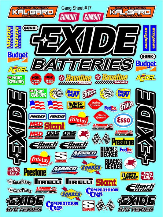White Vinyl Gloss Exide Sheet 17 Batteries Stockcar Vinyl R/C Racing Sponsor Sticker Small-1/24-1/16th Scale Model Decal Sticker Radio Control Lexan Body-Graphics for R/c Cars, Boats, Trucks Scale Model–Die-Cut