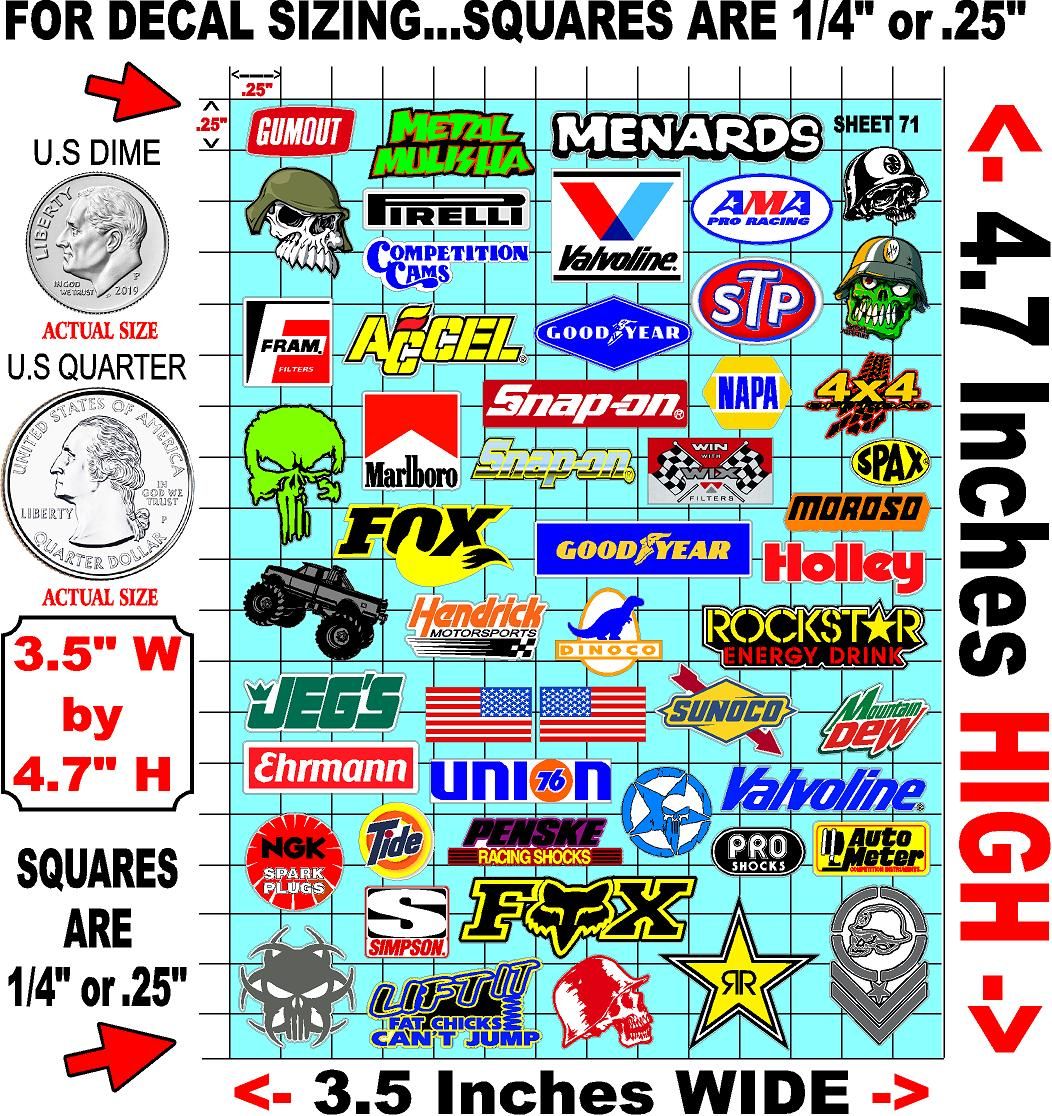 White Vinyl Gloss Variety Sheet 71 Stockcar Vinyl R/C Racing Sponsor Sticker Small-1/24-1/16th Scale Model Decal Sticker Radio Control Lexan Body-Graphics for R/c Cars, Boats, Trucks Scale Model–Die-Cut