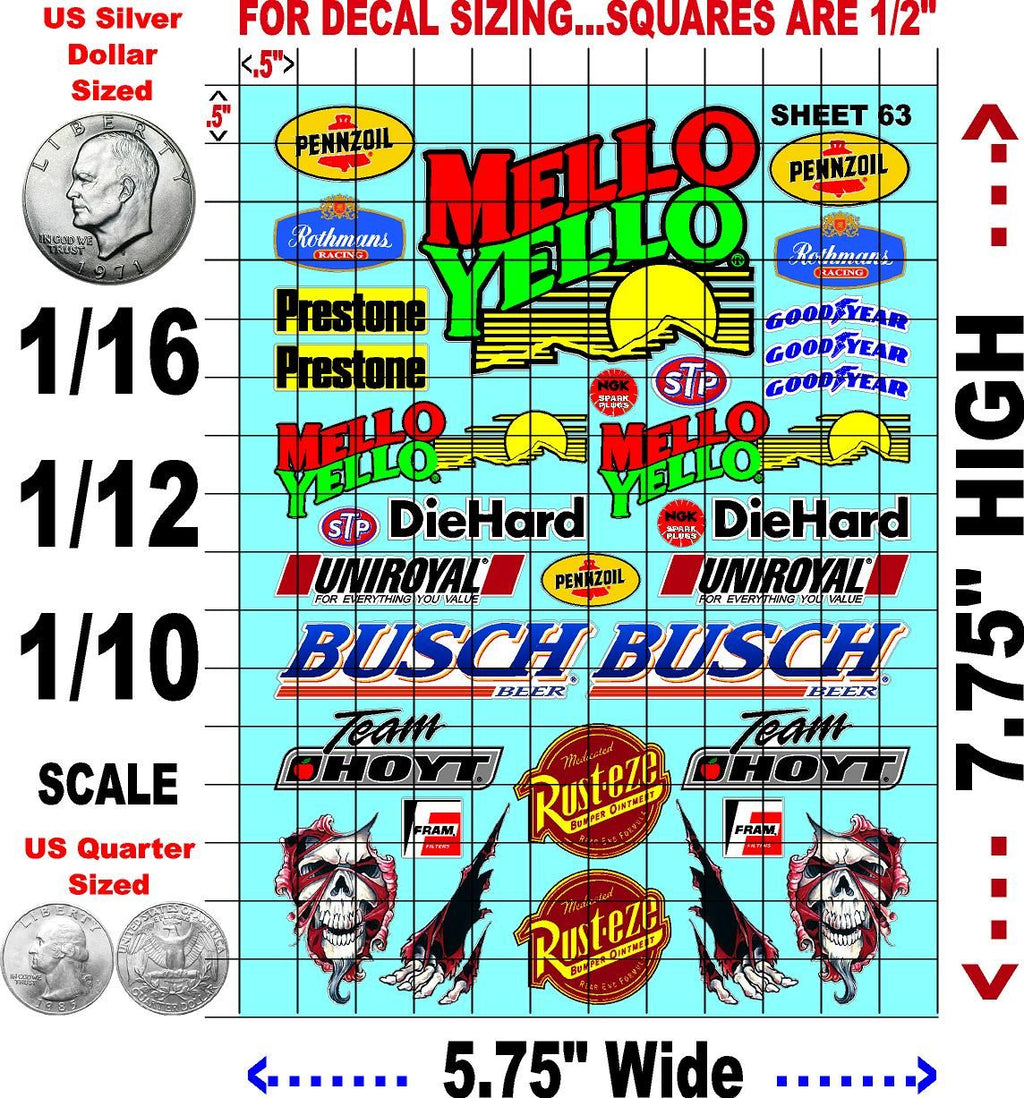 Racing Sponsor Sticker Gang Sheet 63-1/16-1/12-1/10th Scale White Vinyl R/C Model Decal Sticker Sheet Radio Control Lexan Body - Decorate Your R/c Cars, Boats, Trucks Other Scale Model Kit