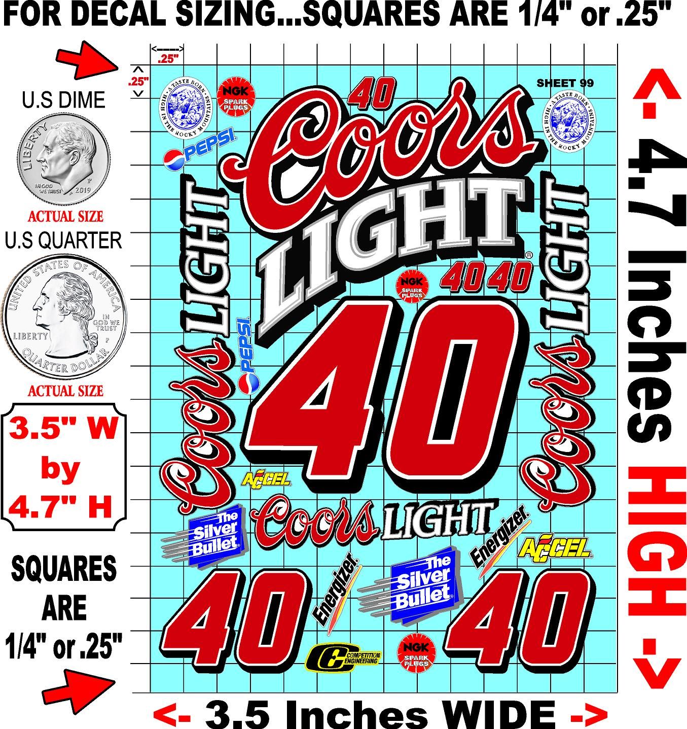 White Vinyl Gloss Coors Light Sheet 99 Stockcar Vinyl R/C Racing Sponsor Sticker Small-1/24-1/16th Scale Model Decal Sticker Radio Control Lexan Body-Graphics for R/c Cars, Boats, Trucks Scale Model–Die-Cut