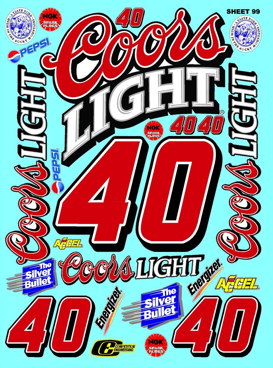 White Vinyl Gloss Coors Light Sheet 99 Stockcar Vinyl R/C Racing Sponsor Sticker Small-1/24-1/16th Scale Model Decal Sticker Radio Control Lexan Body-Graphics for R/c Cars, Boats, Trucks Scale Model–Die-Cut
