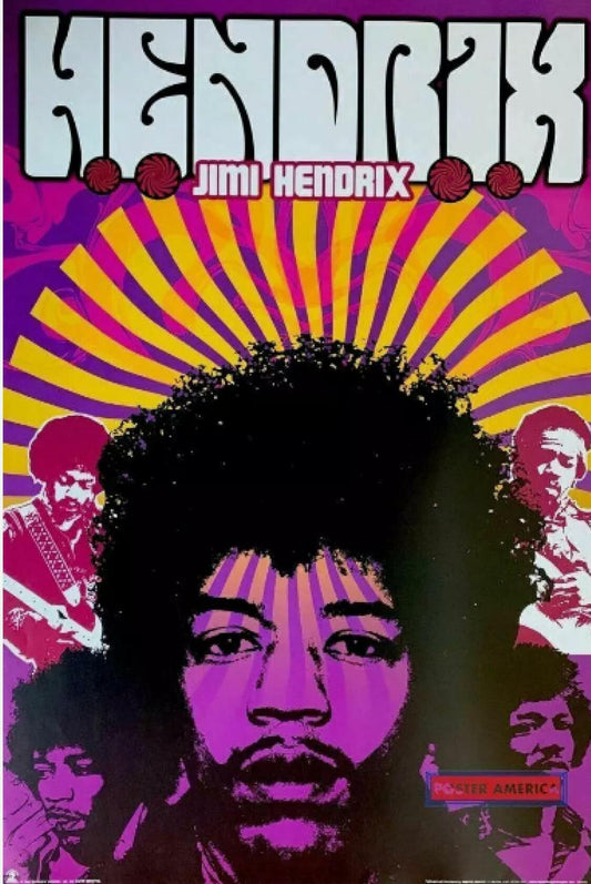 Jimi Hendrick Psychedelic Portrait Poster, Purple and Yellow Sunburst Design, Music Wall Art