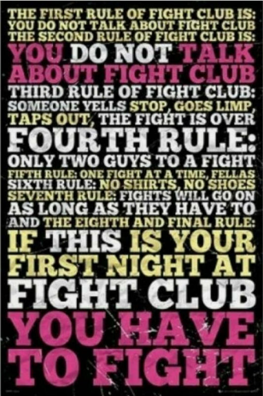 Fight Club Rules Typography Art Print, Movie Quote Wall Poster, Black Background with Pink and White Text 0755