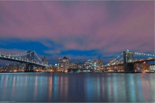 New York City Skyline Art Print, Manhattan and Brooklyn Bridge, Night Scene, 36 x 24 inches, Landscape Wall Decor