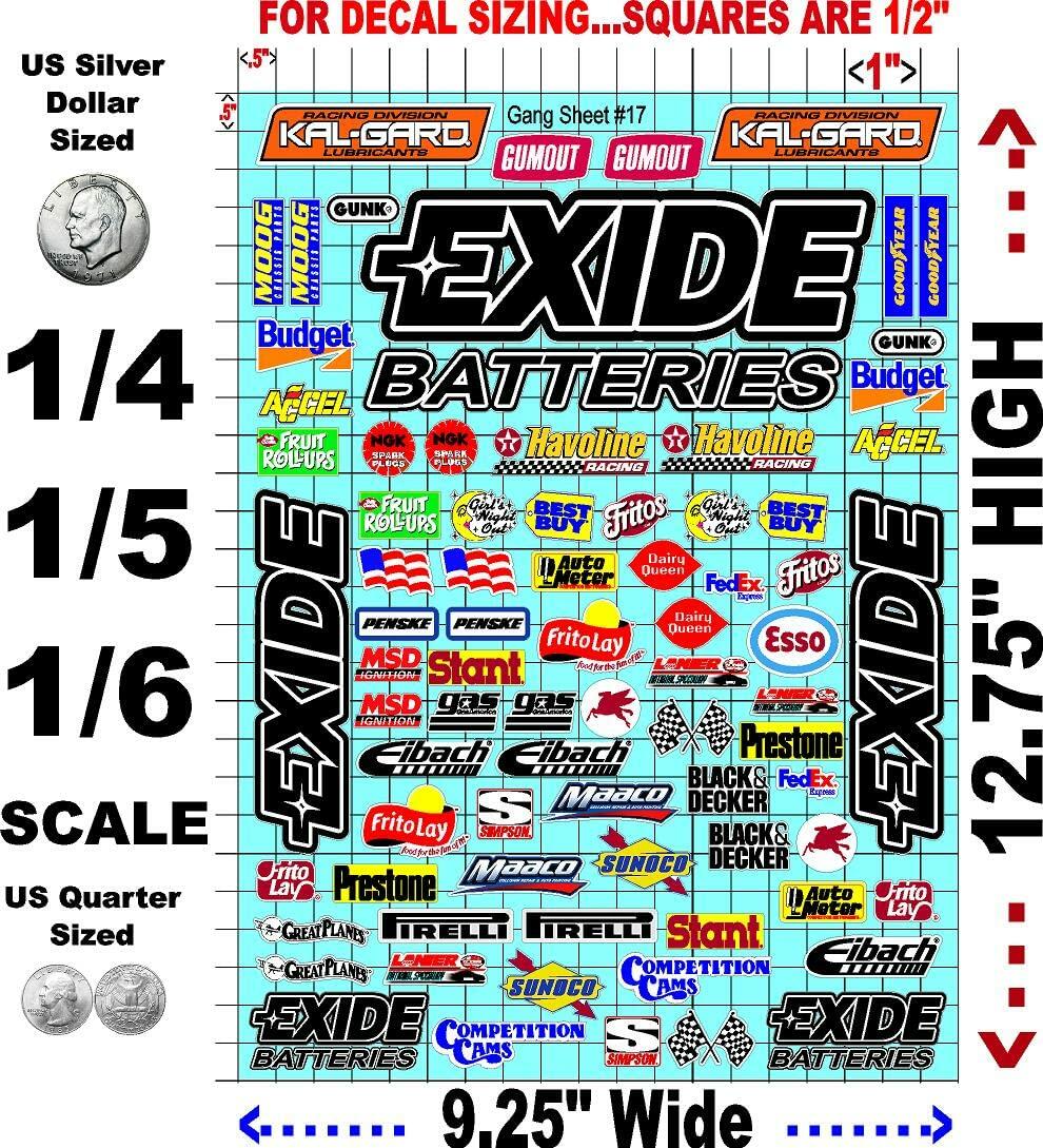 Vinyl R/C Racing Sponsor Sticker Gang Sheet 17-1/4-1/5 – 1/6th Scale Model Decal Sticker Sheet Radio Control Lexan Body – Die-Cut to Shape - Peel & Stick – Water Slide Exide