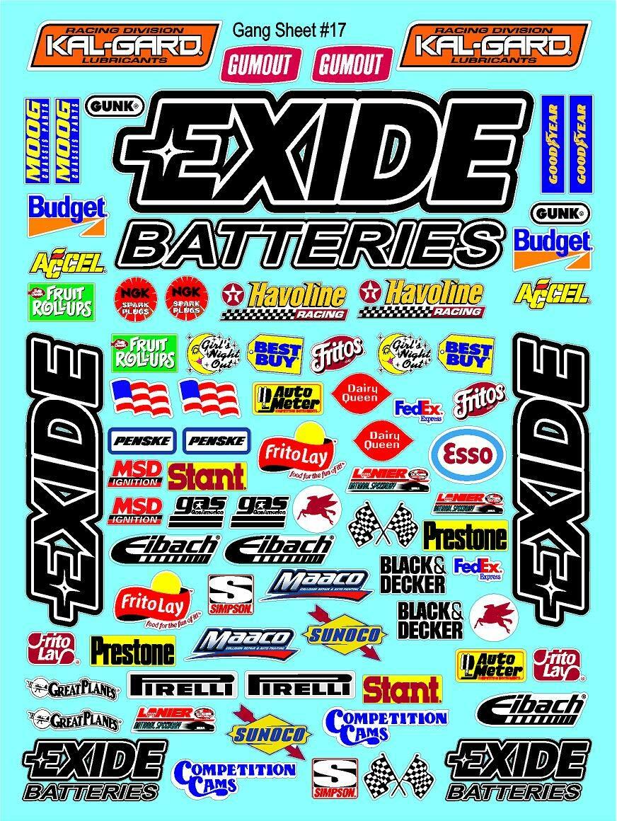 Vinyl R/C Racing Sponsor Sticker Gang Sheet 17-1/4-1/5 – 1/6th Scale Model Decal Sticker Sheet Radio Control Lexan Body – Die-Cut to Shape - Peel & Stick – Water Slide Exide